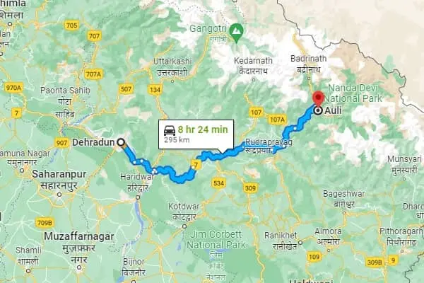 dehradun to auli distance map